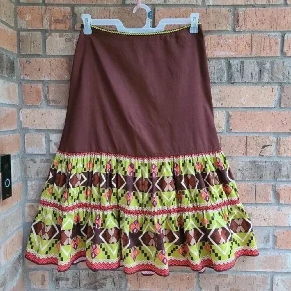 randi m. Women's Tiered Peasant Midi Skirt Brown Lime Green Size 8
